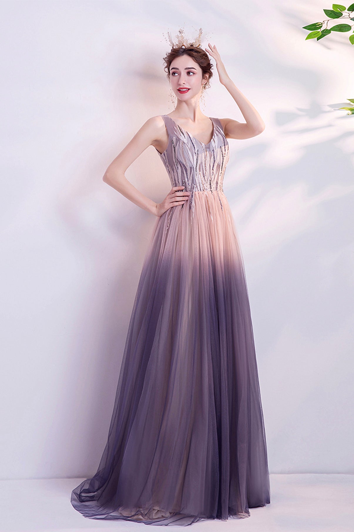 Lila Tüll mit Farbverlauf, langes A-Linien-Abschlussballkleid, Abendkleid 8749