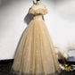 Langes Ballkleid aus goldenem Tüll mit Pailletten, formelles Kleid 8549