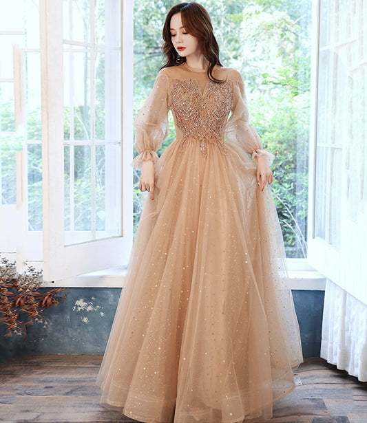 Cute tulle beads long prom dress A line evening dress  10523