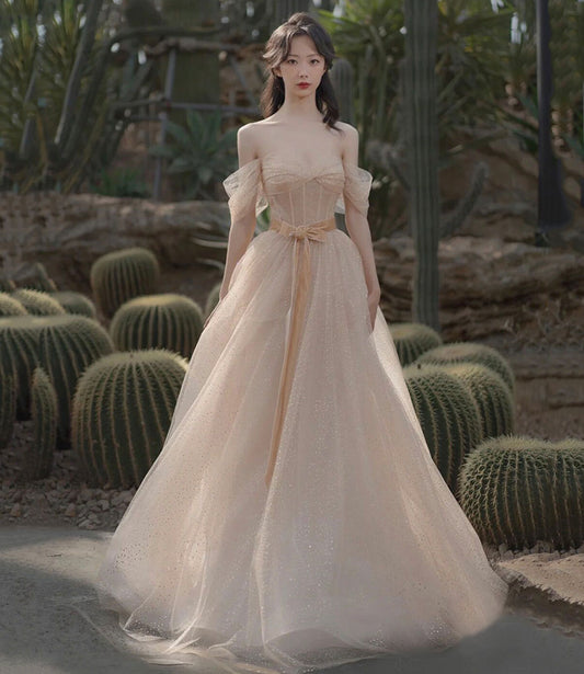 Pink tulle long A line prom dress pink evening dress  8855