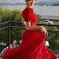 Red tulle long prom dress A line evening dress  10602