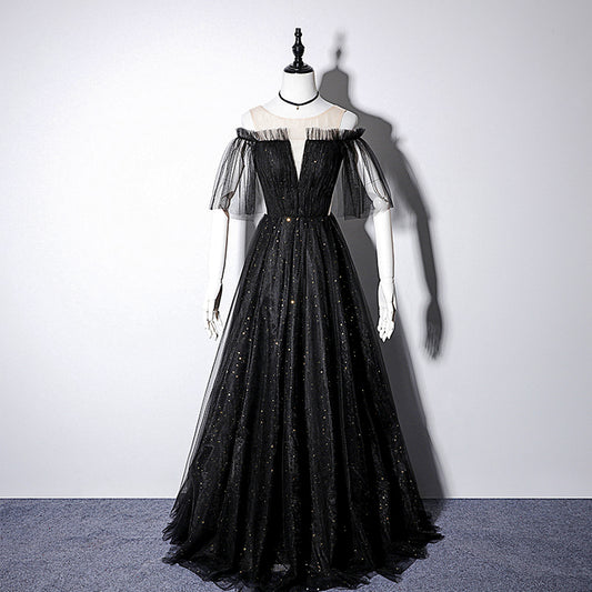 Black tulle sequins long prom dress, evening dress  8092