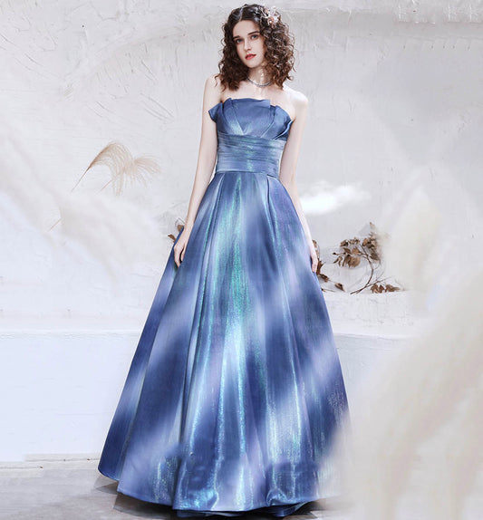 Einzigartiges langes Ballkleid aus Satin, blaues Abendkleid 8611