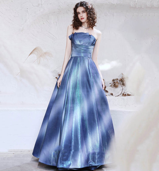 Unique satin long prom dress blue evening dress  8611