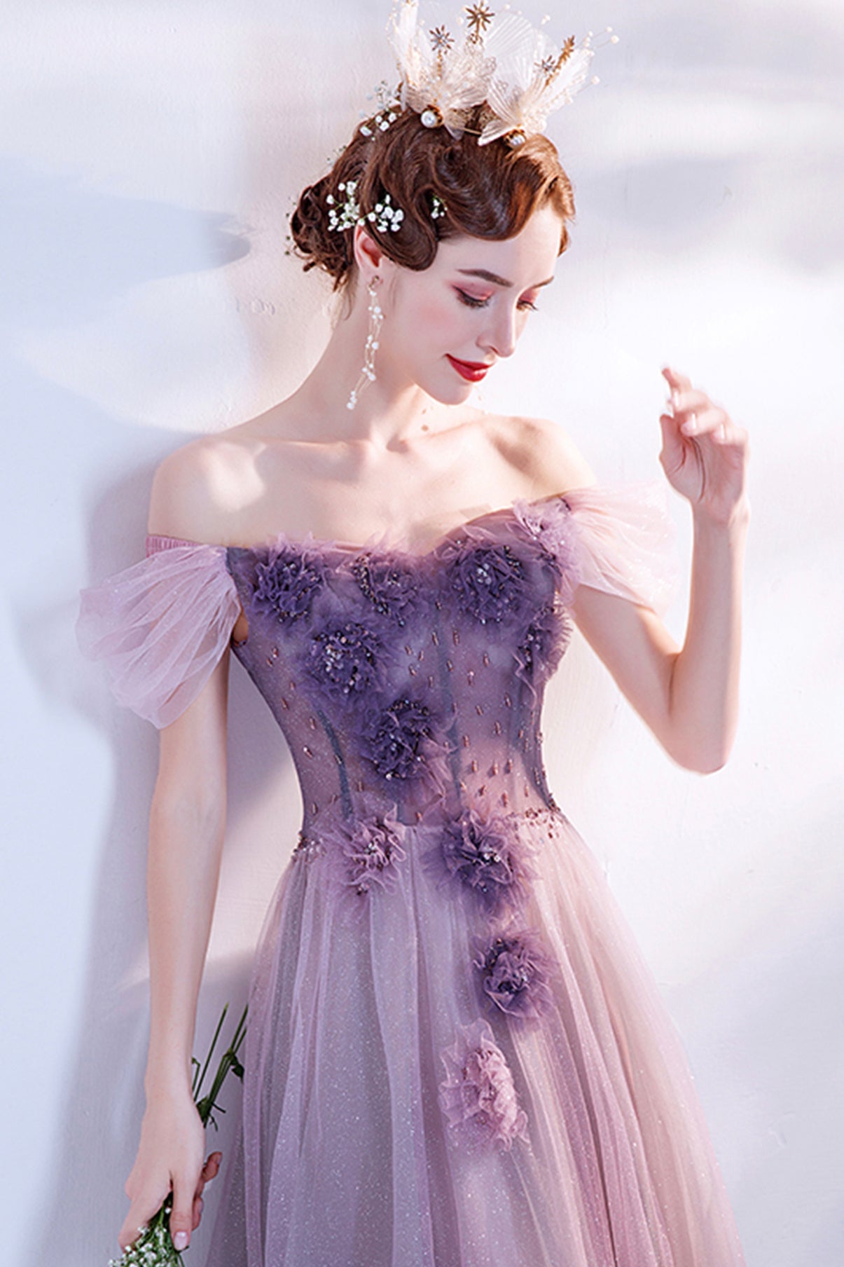 Purple tulle long A line prom dress evening dress  8740