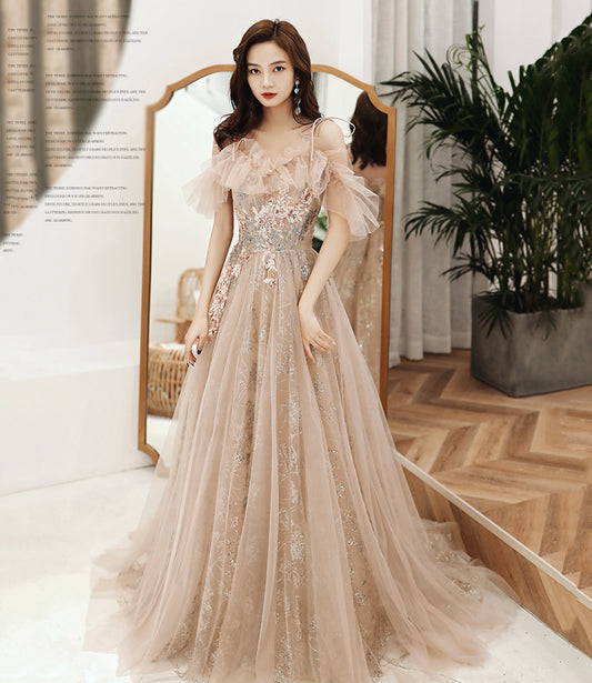 Cute tulle sequins long A line prom dress evening dress  8919