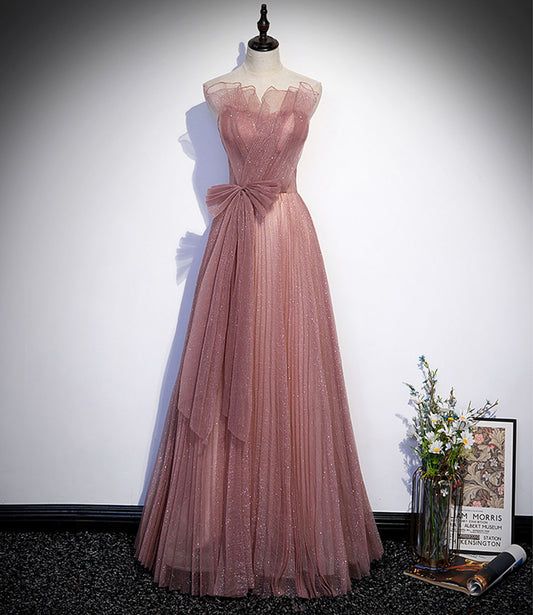 Pink tulle sequins long prom dress A line evening dress  10420