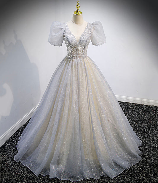 Gray tulle sequins long prom dress gray evening dress  10160