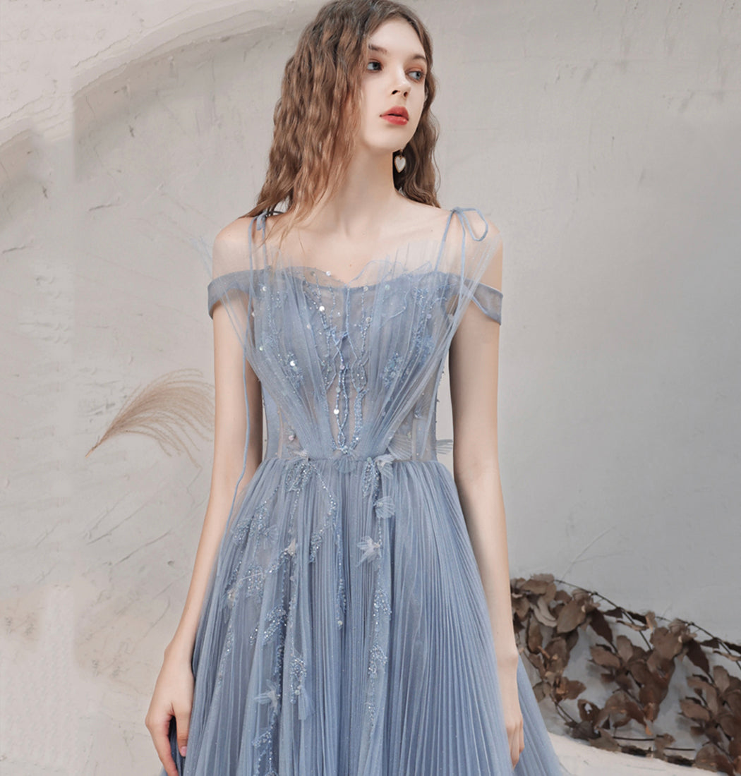 Blue tulle long prom dress blue evening dress  8628