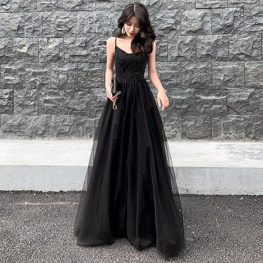 Black tulle beads long prom dress, black evening dress  8028
