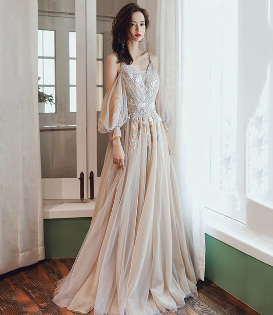 Cute tulle lace long A line prom dress evening dress  8736