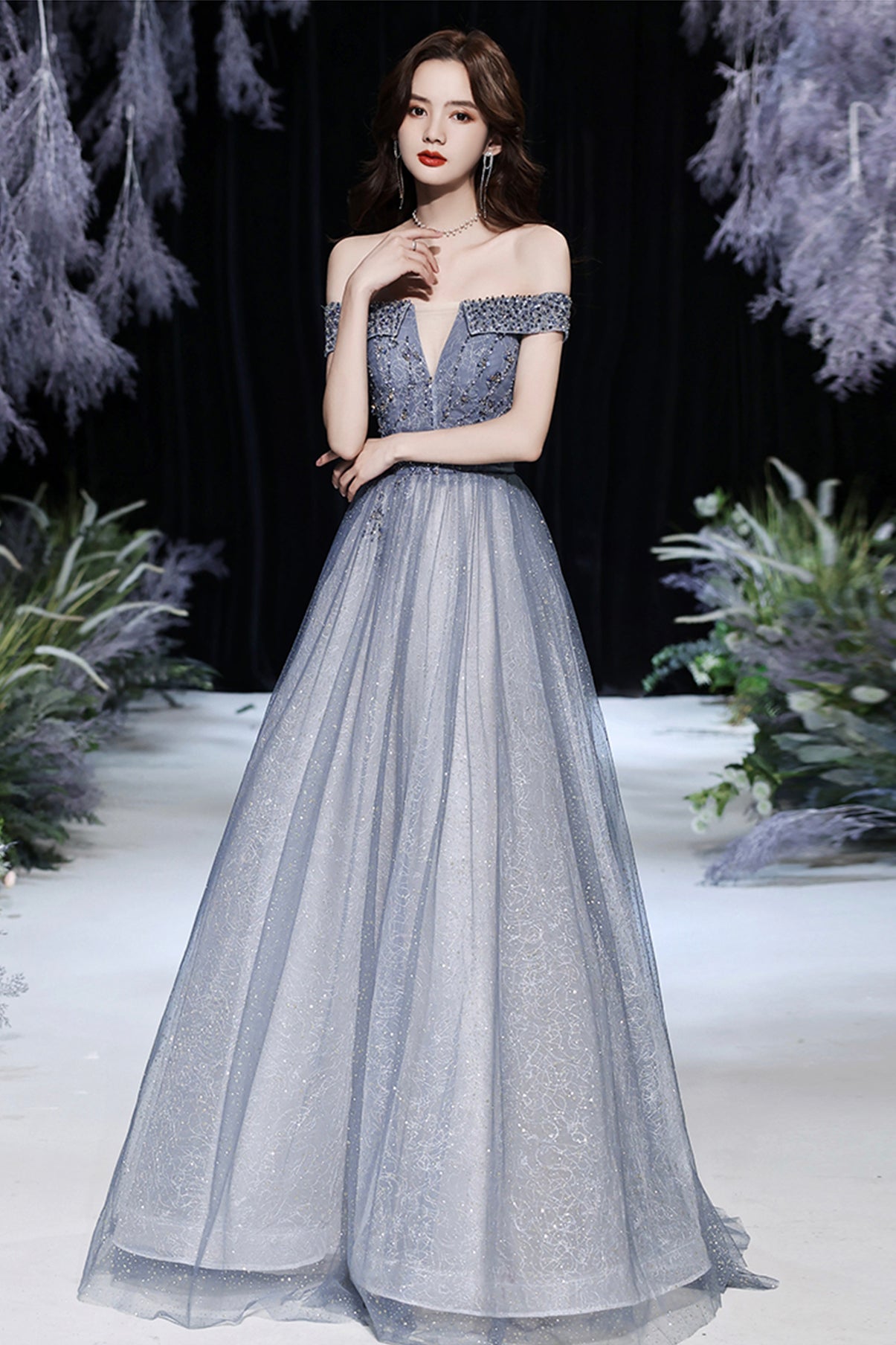 Grey tulle beads long prom dress shiny evening dress  8569