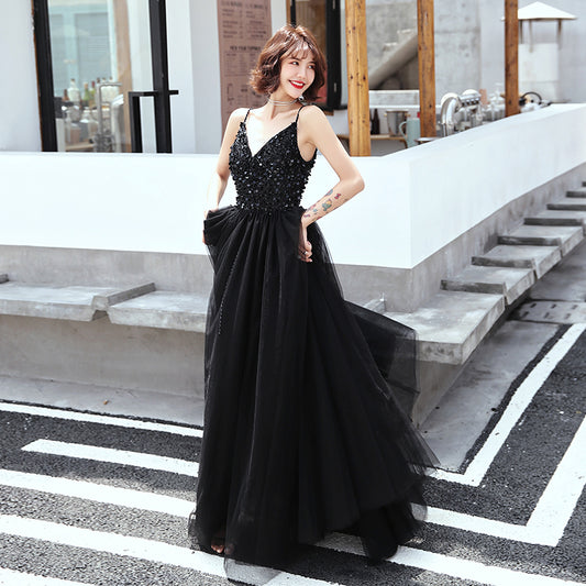Black v neck tulle sequins long prom dress, evening dress  8133