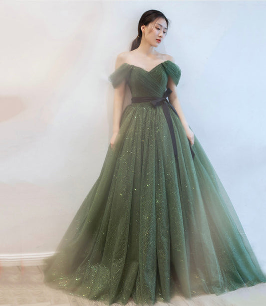 Green tulle long prom dress A line evening dress  10163