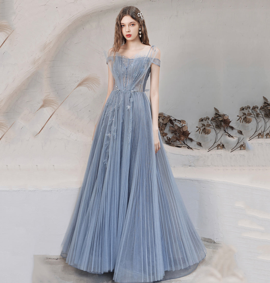 Blue tulle long prom dress blue evening dress  8628