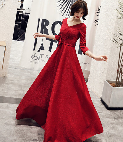 Burgundy v neck long A line prom dress evening dress  8758