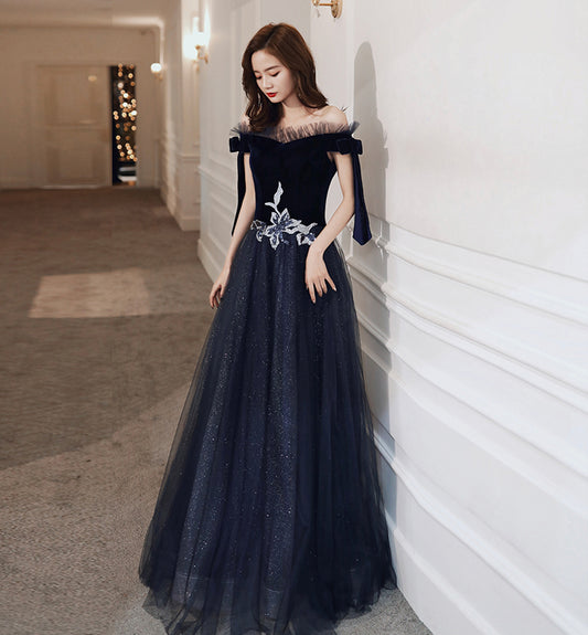 Blue velvet tulle long prom dress evening dress  8457