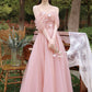 Pink tulle long prom dress A line evening dress  10587
