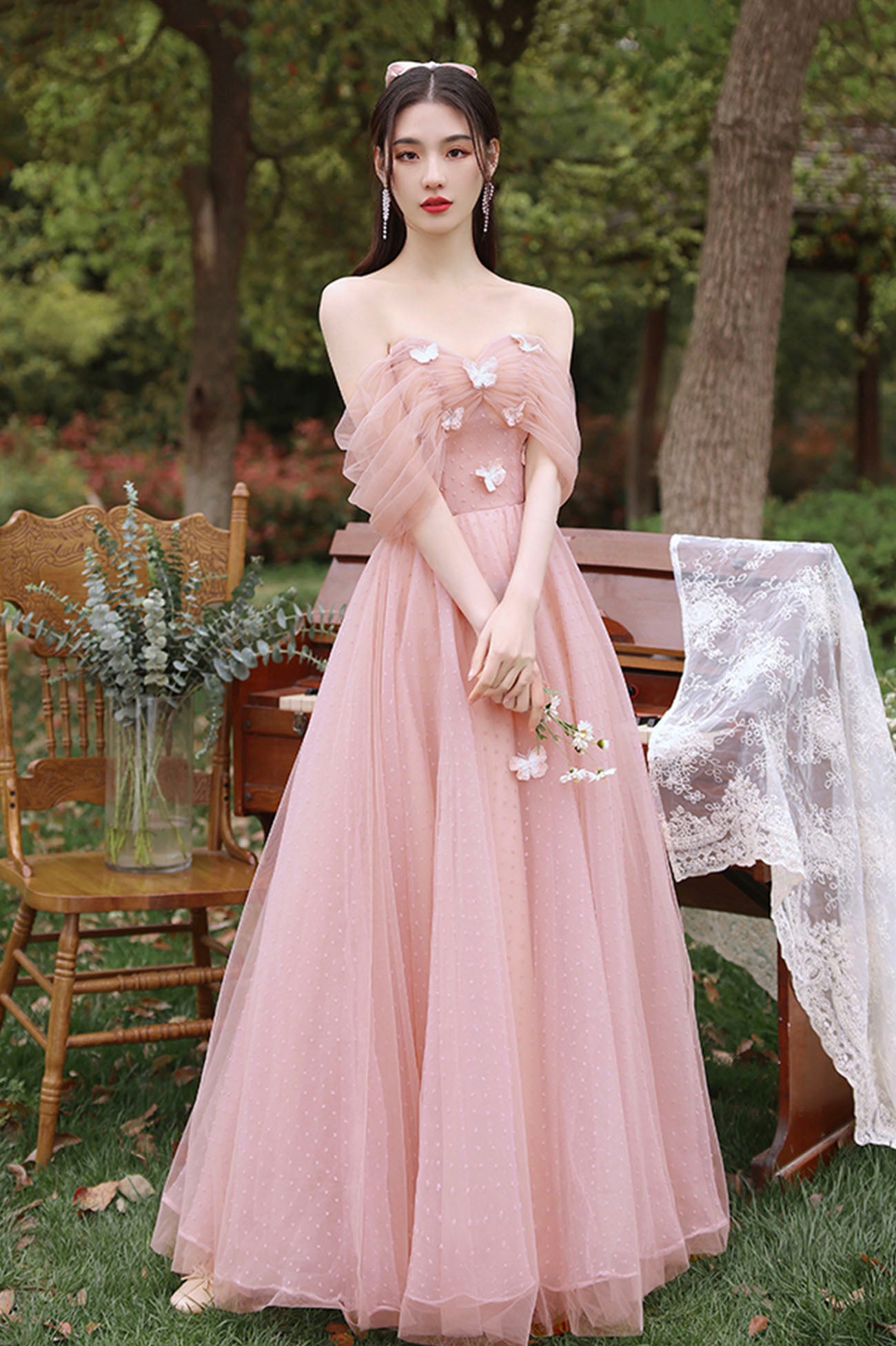 Pink tulle long prom dress A line evening dress  10587