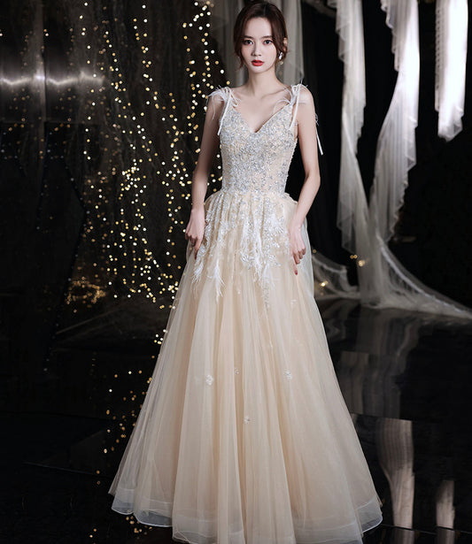 Robe de soirée longue en tulle à paillettes champagne 10281