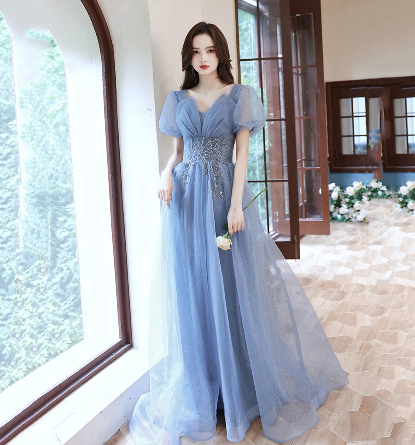 Blue tulle sequins long prom dress A line evening gown  10013