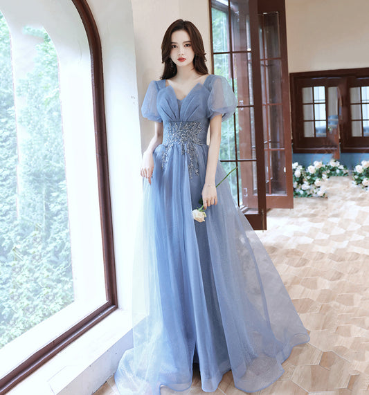 Blue tulle sequins long prom dress A line evening gown  10013