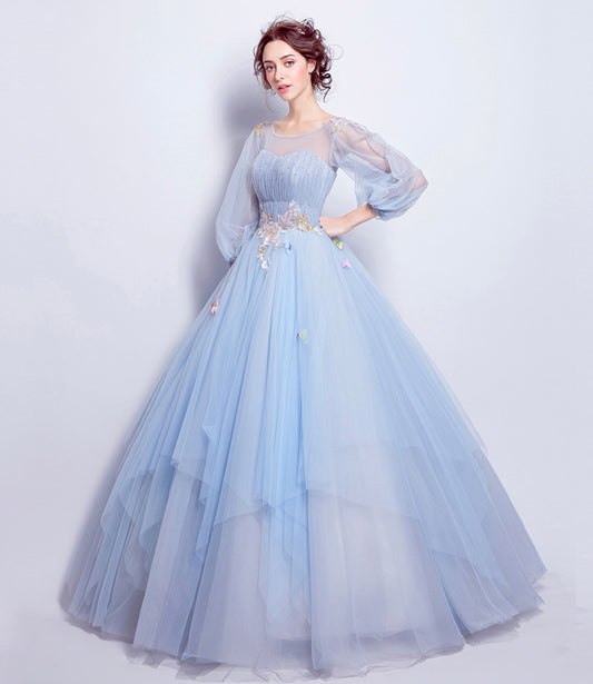 Blue tulle sequins long ball gown dress blue evening dress  10360