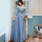 Blue tulle long prom dress A line evening gown  8955
