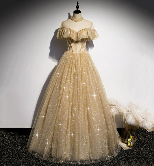 Gold A line sequins long ball gown dress formal dress  8597