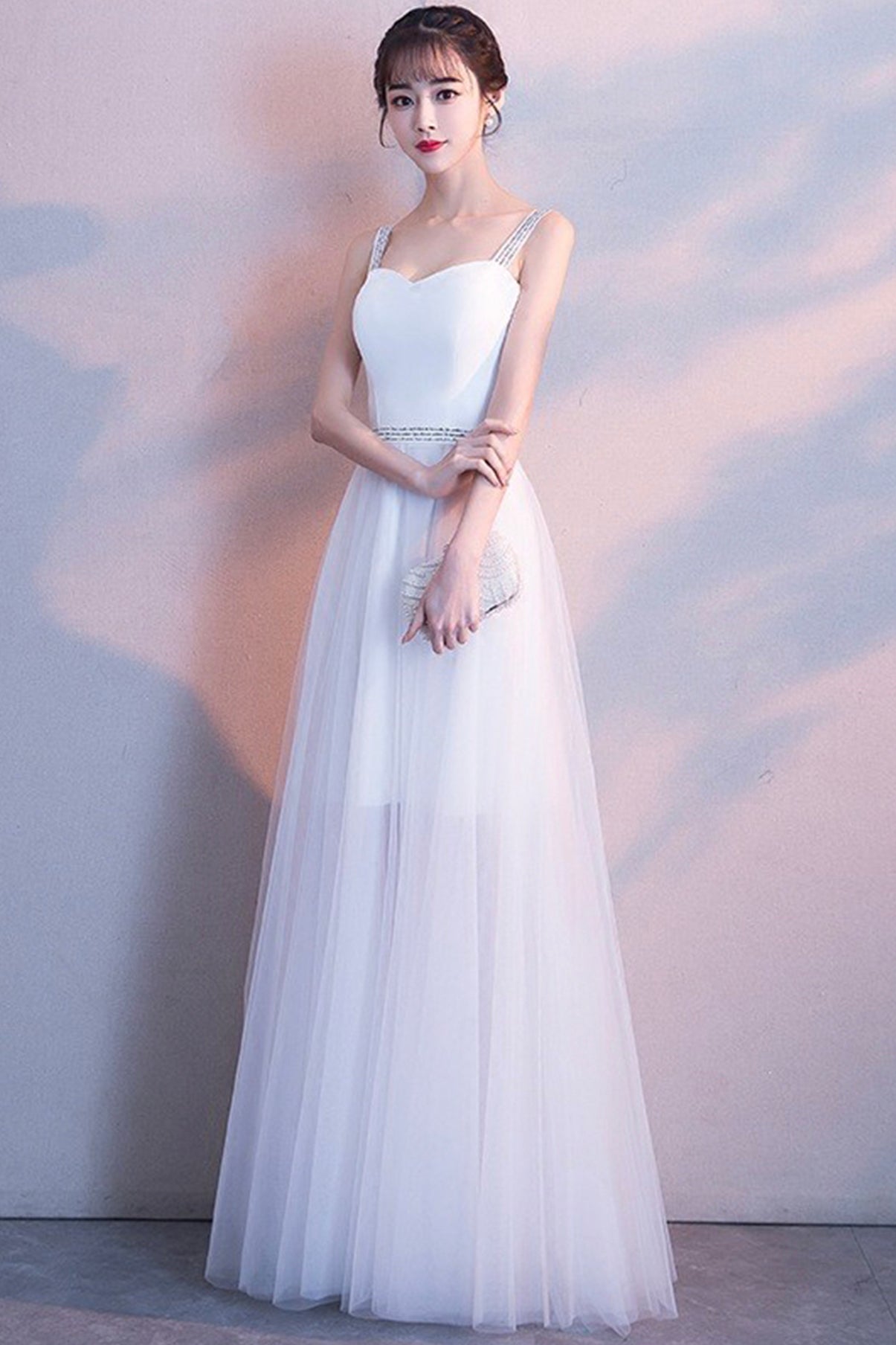 White tulle long A line prom dress white evening dress  8669