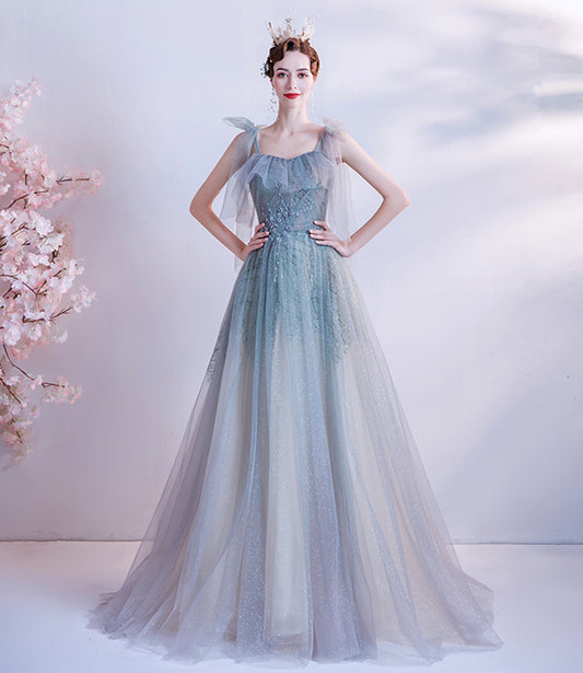 Cute tulle sequins long prom dress A line evening gown  10227