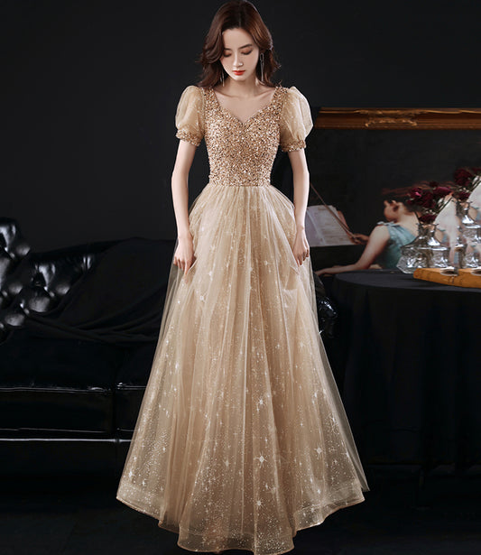 Gold tulle beads long A line prom dress evening dress  8860