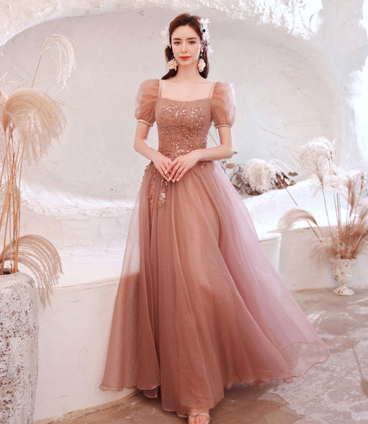 Pink tulle sequins long A line prom dress evening dress  8796