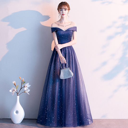 Blue tulle sequins prom dress formal dress  8337