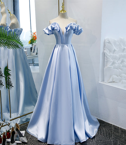 Blue satin long A line prom dress blue evening dress  8746