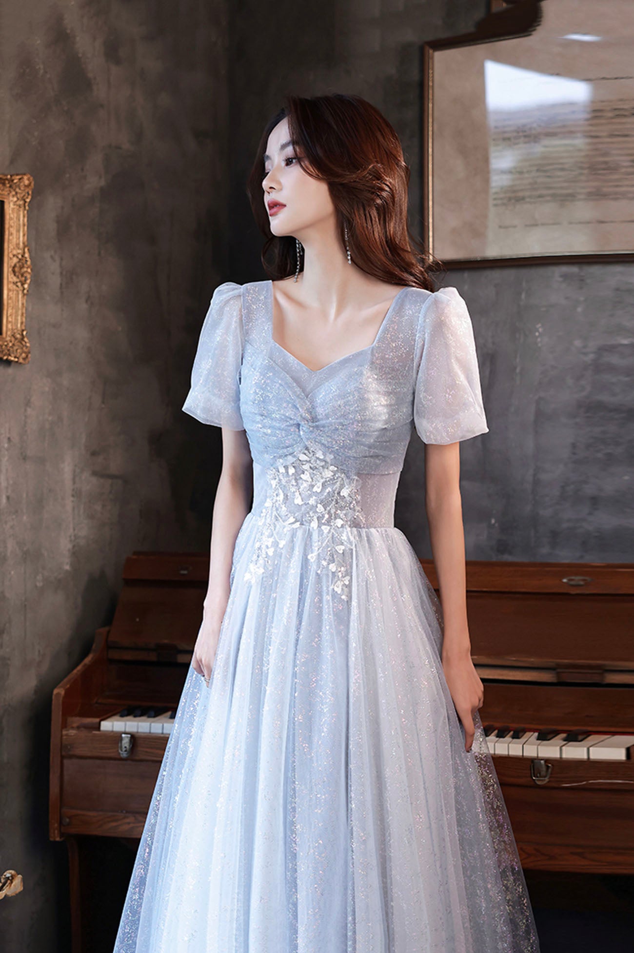 Cute tulle beads long prom dress blue evening dress  10596