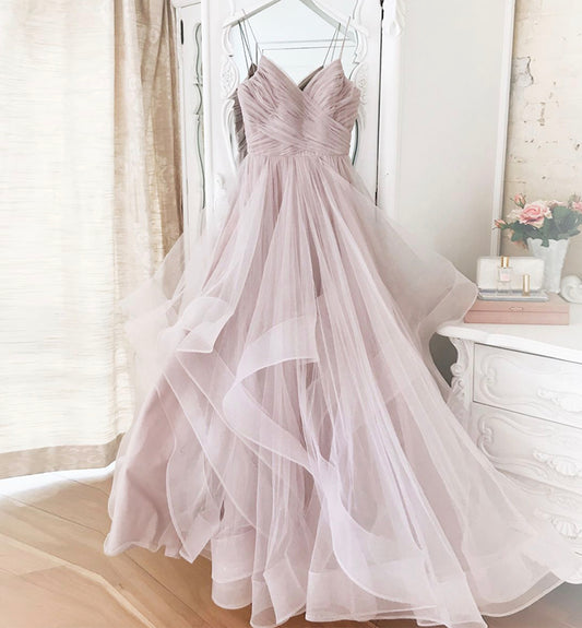 Pink tulle long prom dress pink evening dress  8472