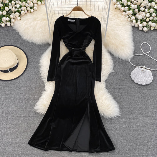 Black V Neck Long Sleeve Dress Fashion Dress  10844