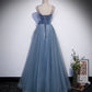 Langes Ballkleid aus blauem Satin-Tüll Abendkleid in A-Linie 10268