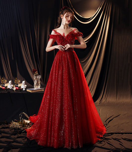 Red tulle sequins long prom dress A line evening gown  10355