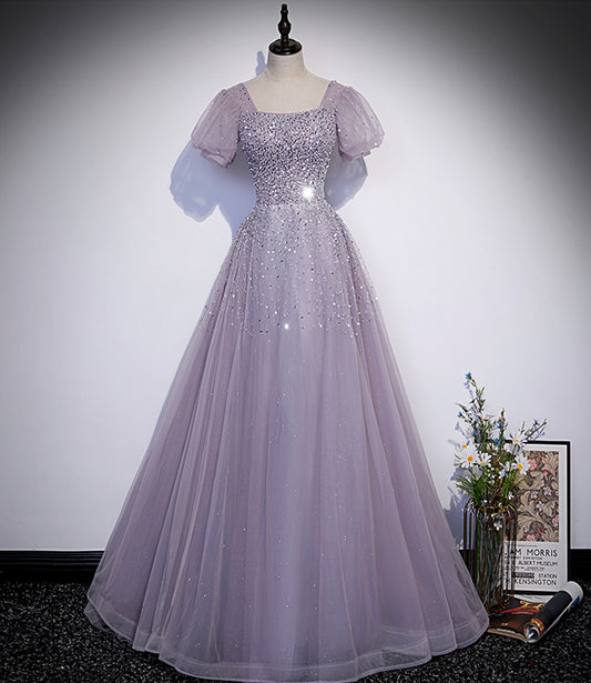 Purple tulle beads long prom dress A line evening gown  10221