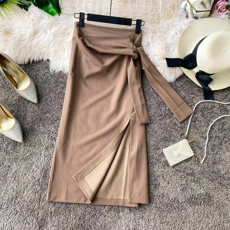 Versatile side slit skirt women's medium length high waist slim one-step skirt  11301