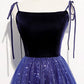 Langes Ballkleid aus blauem Samt-Tüll Abendkleid in A-Linie 8634