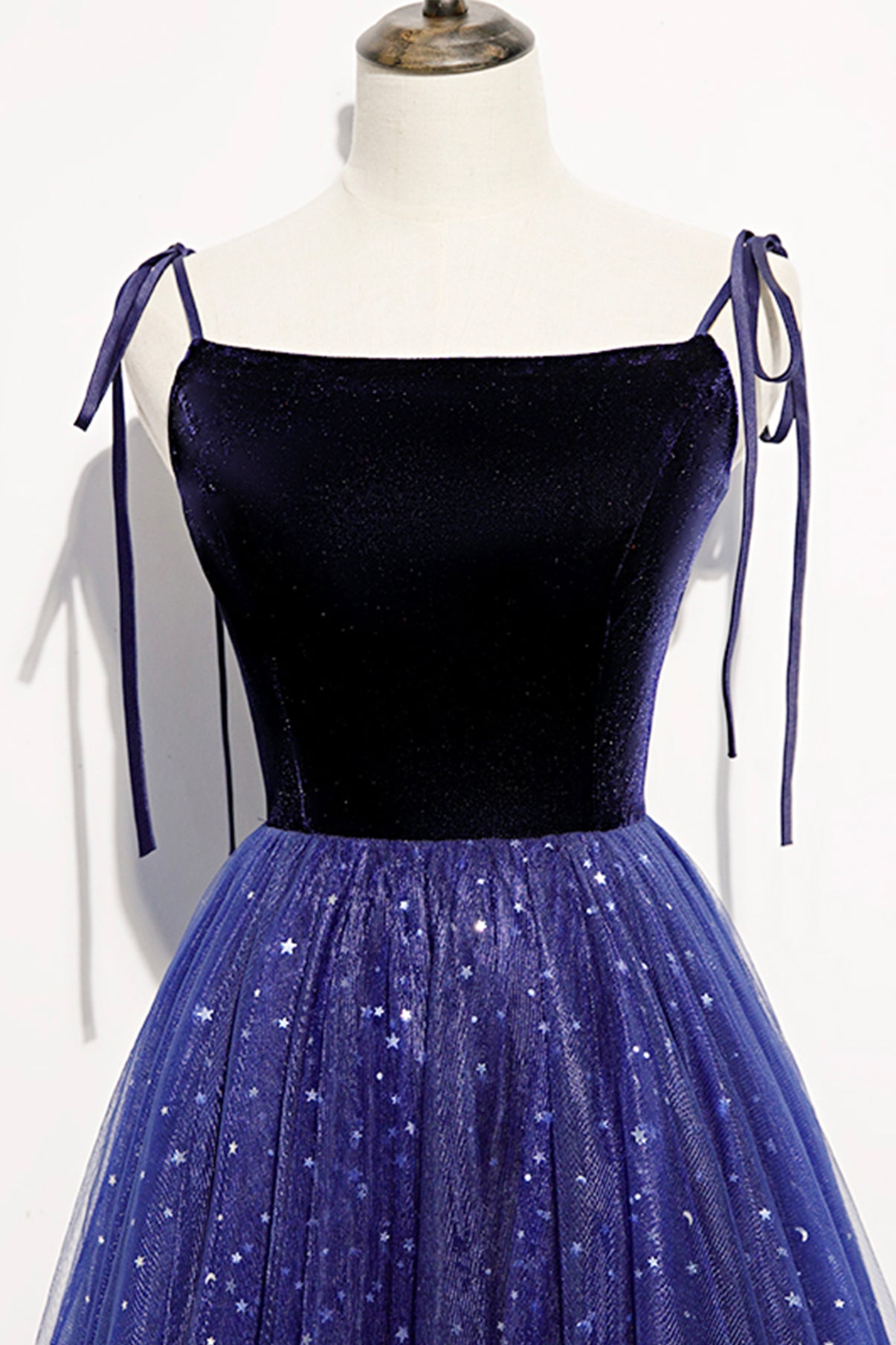 Langes Ballkleid aus blauem Samt-Tüll Abendkleid in A-Linie 8634