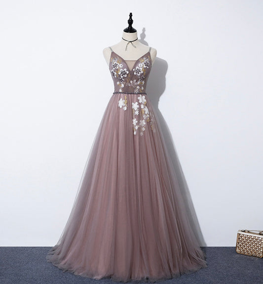 Cute v neck tulle long A line prom dress evening dress  8587