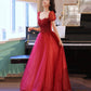 Burgundy tulle beads long prom dress evening gown  10214