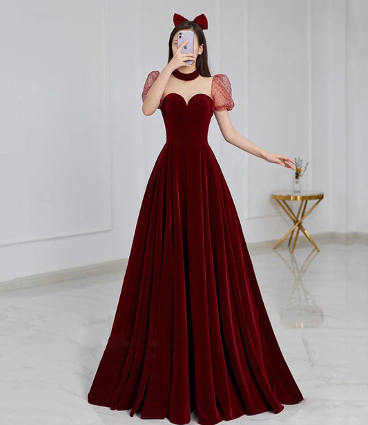 Cute velvet long prom dress burgundy A line evening dress  8652
