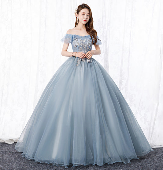 Grey tulle lace long prom gown A line evening dress  8629