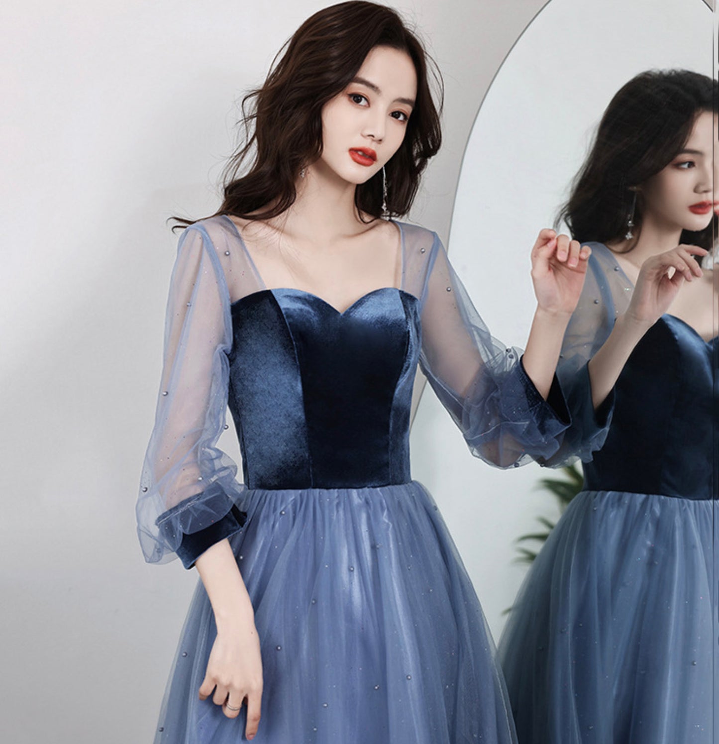 Robe de soirée longue en tulle bleu velours Robe de soirée trapèze 10077