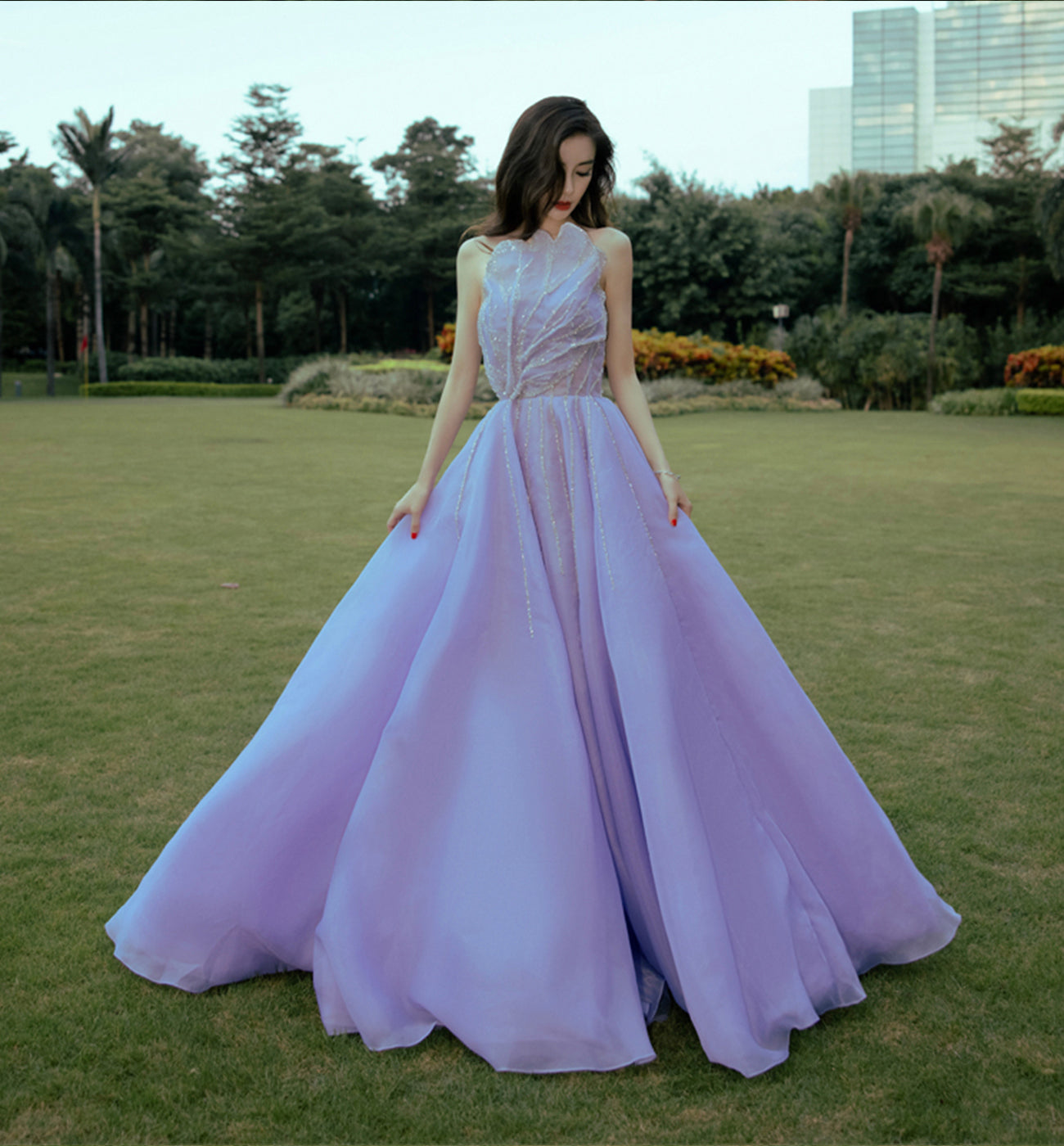 Unique tulle long lilac prom dress A line evening dress  8604
